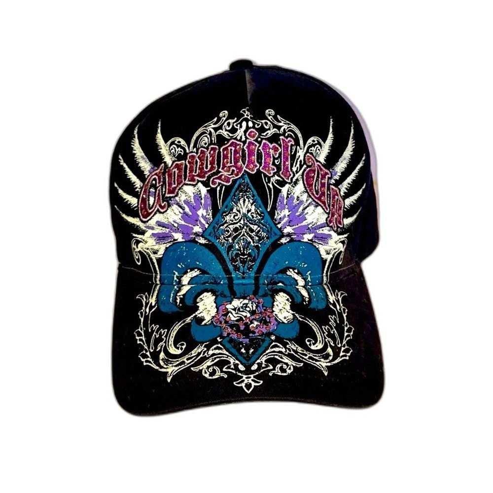 Black "Cowgirl Up" Otto Baseball Hat Cap Adjustable Strap Sparkle‎ Bling Tough